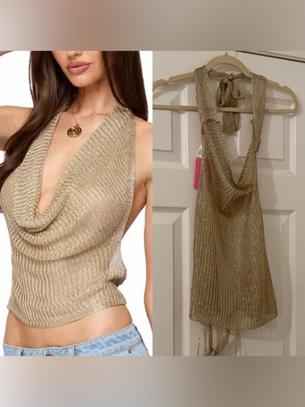 NWT Edikted Gold Shiny Cowl Neck Knit Top